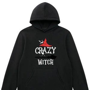 NEW Halloween Witch Pattern Hoodie With Kangaroo Pocket, M-Black